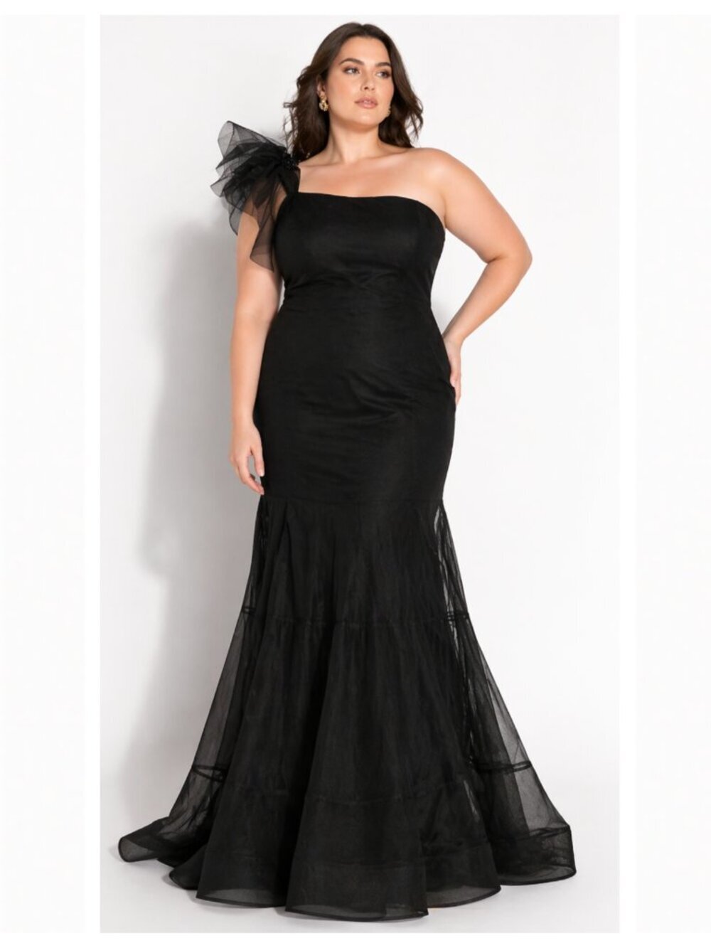 SHERRI HILL Black Tulle Trumpet Bow Sleeve Maxi Dress Gown